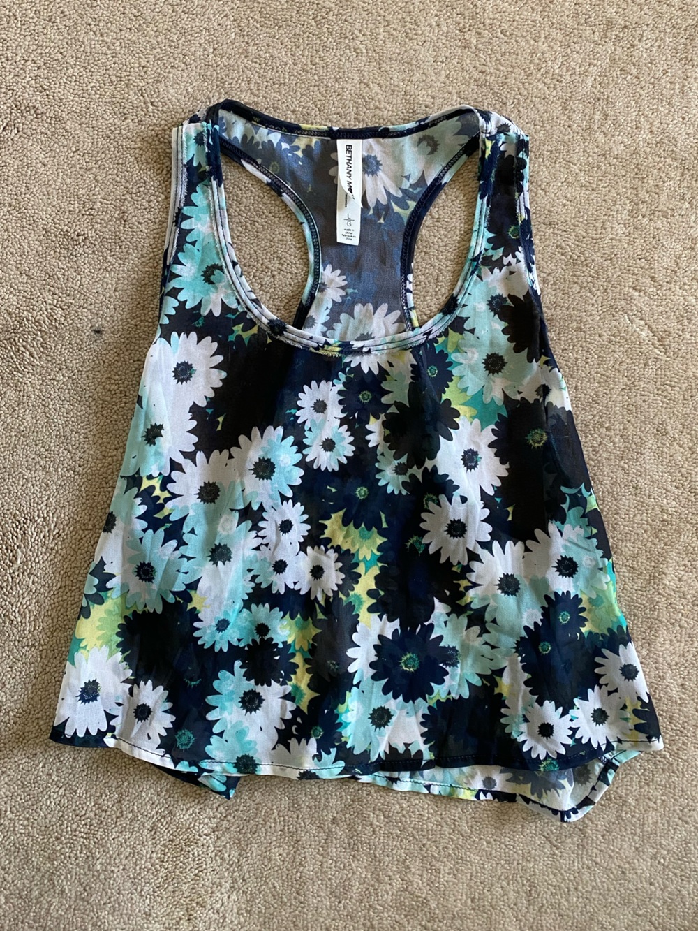 Bethany Mota Navy Floral Racerback Tank with Aqua and White Flowers
